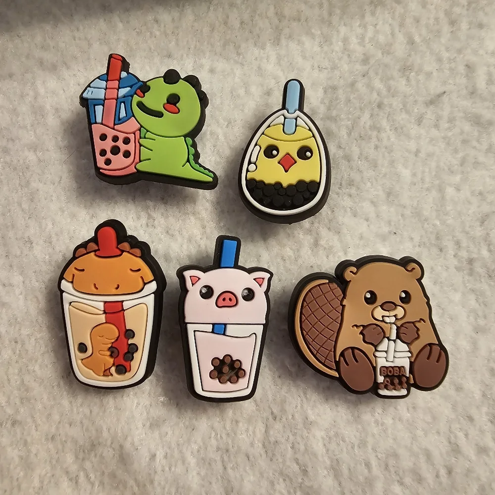 Jibbitz With Dinosaur Pig Beaver and Boba Tea Theme Croc Shoe Charms Bundle Of 5